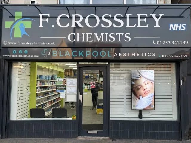 The shopfront of F. Crossley Chemists on Lytham Road, Blackpool.